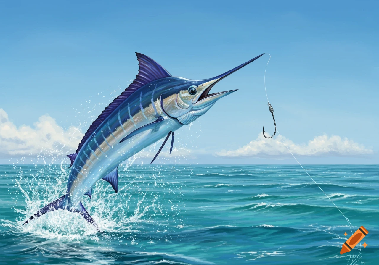 A blue marlin with stripes jumps out of the water, a fishing hook and line near its mouth, under a clear blue sky.