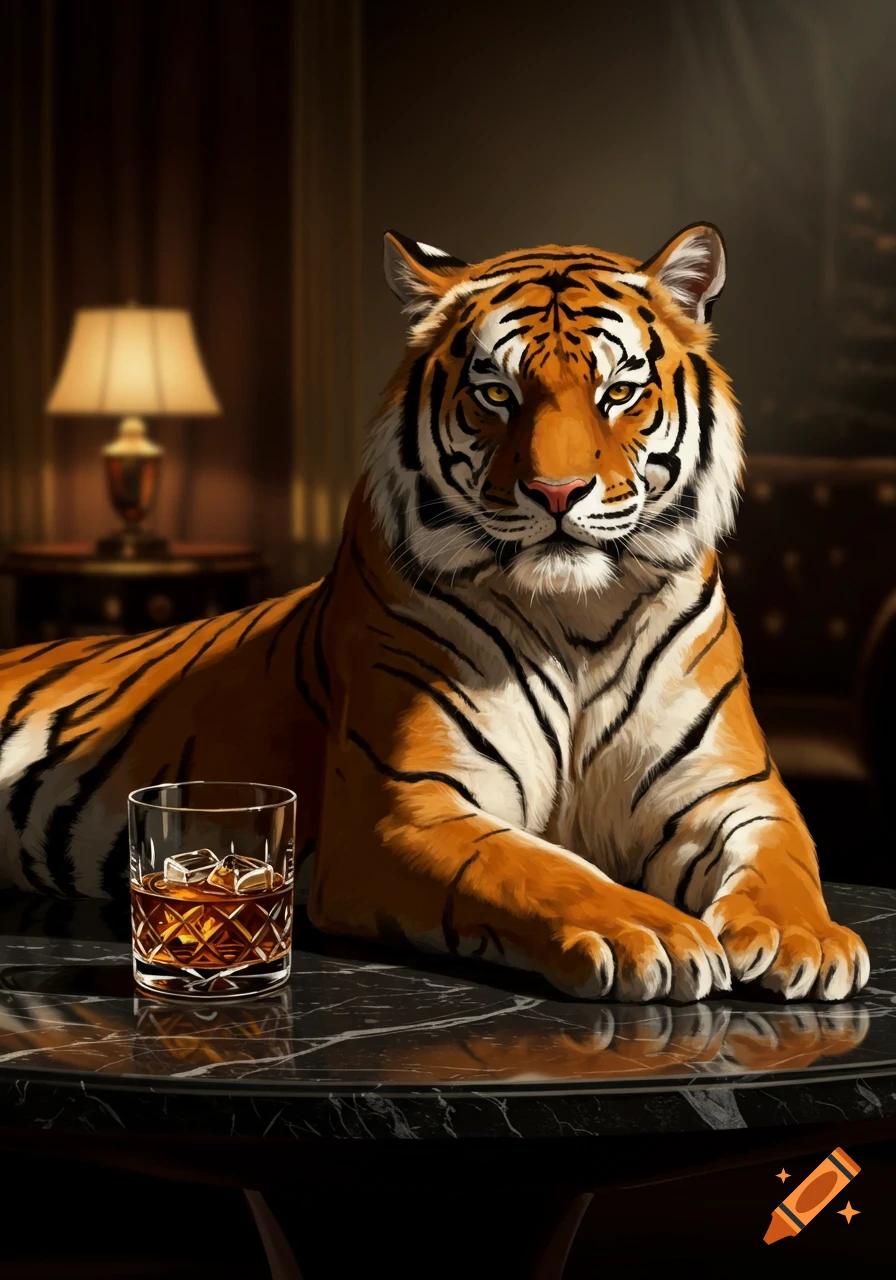 A realistic illustration of a tiger lying on a dark marble table next to a glass of whiskey in a luxurious, dimly lit room.