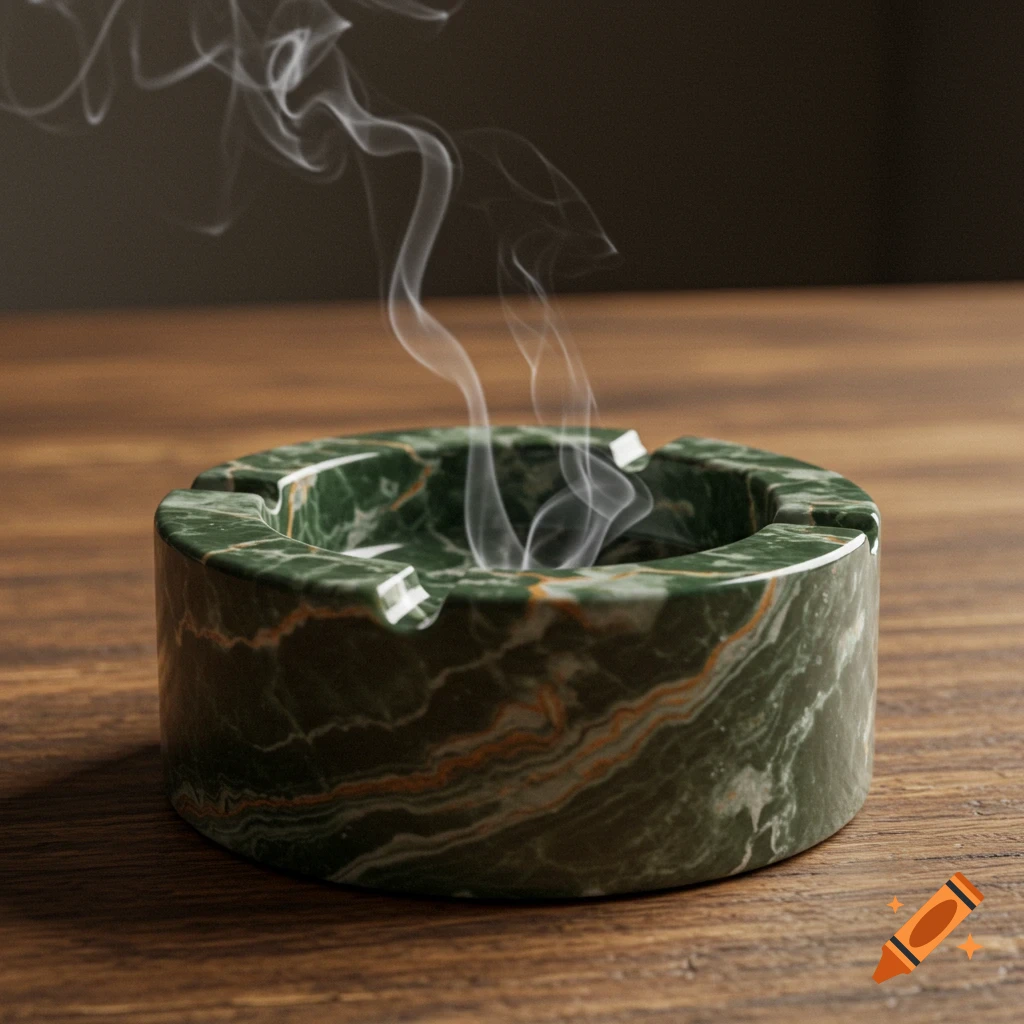 A green marble ashtray with smoke rising, placed on a wooden table. Photorealistic style.