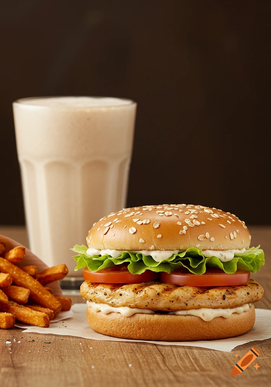 Photorealistic chicken burger with lettuce, tomato, and mayonnaise, served with sweet potato fries and a milkshake.