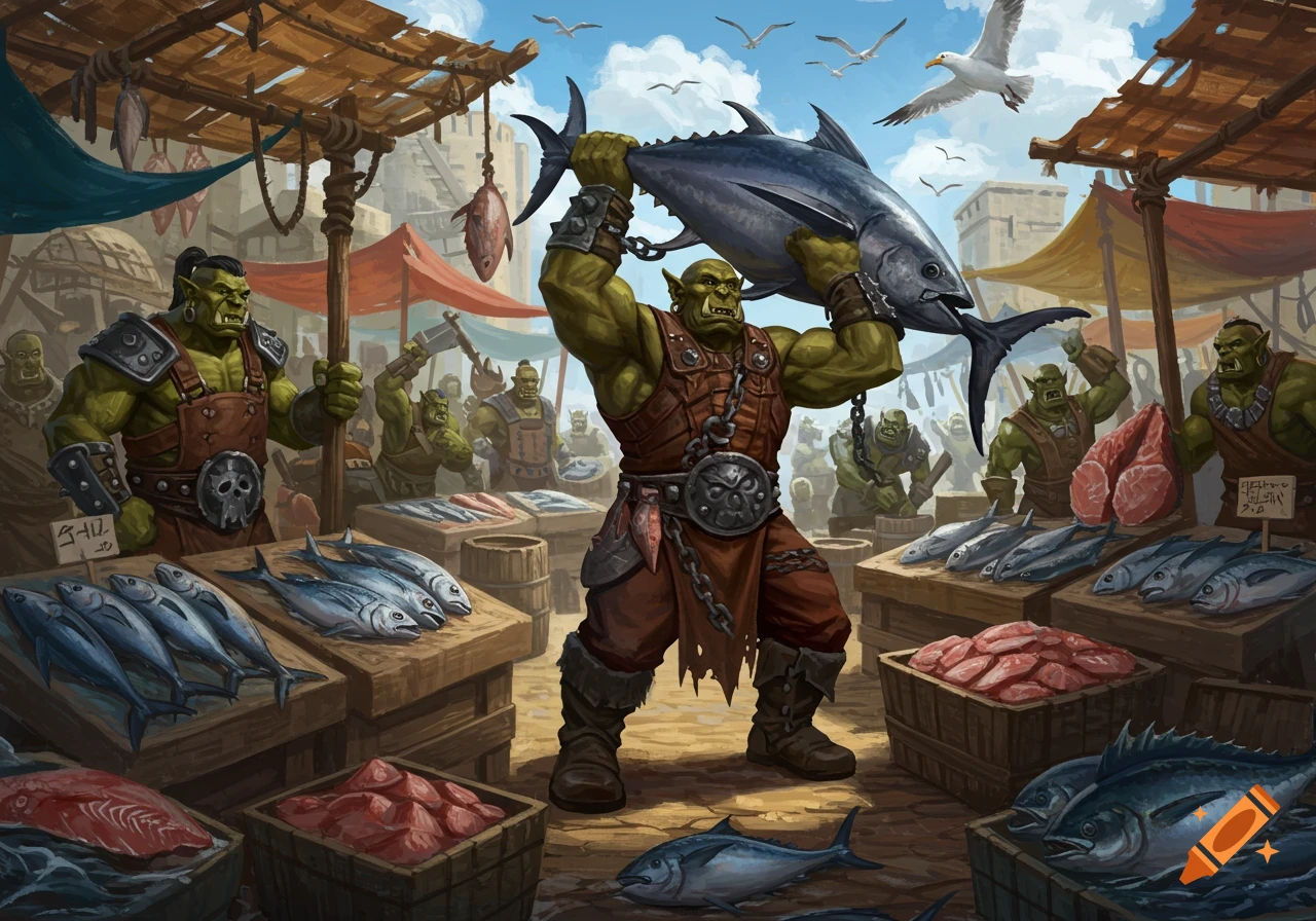 Strong orc holds up a large tuna at a bustling fantasy fish market with other orcs, fish, and seagulls.
