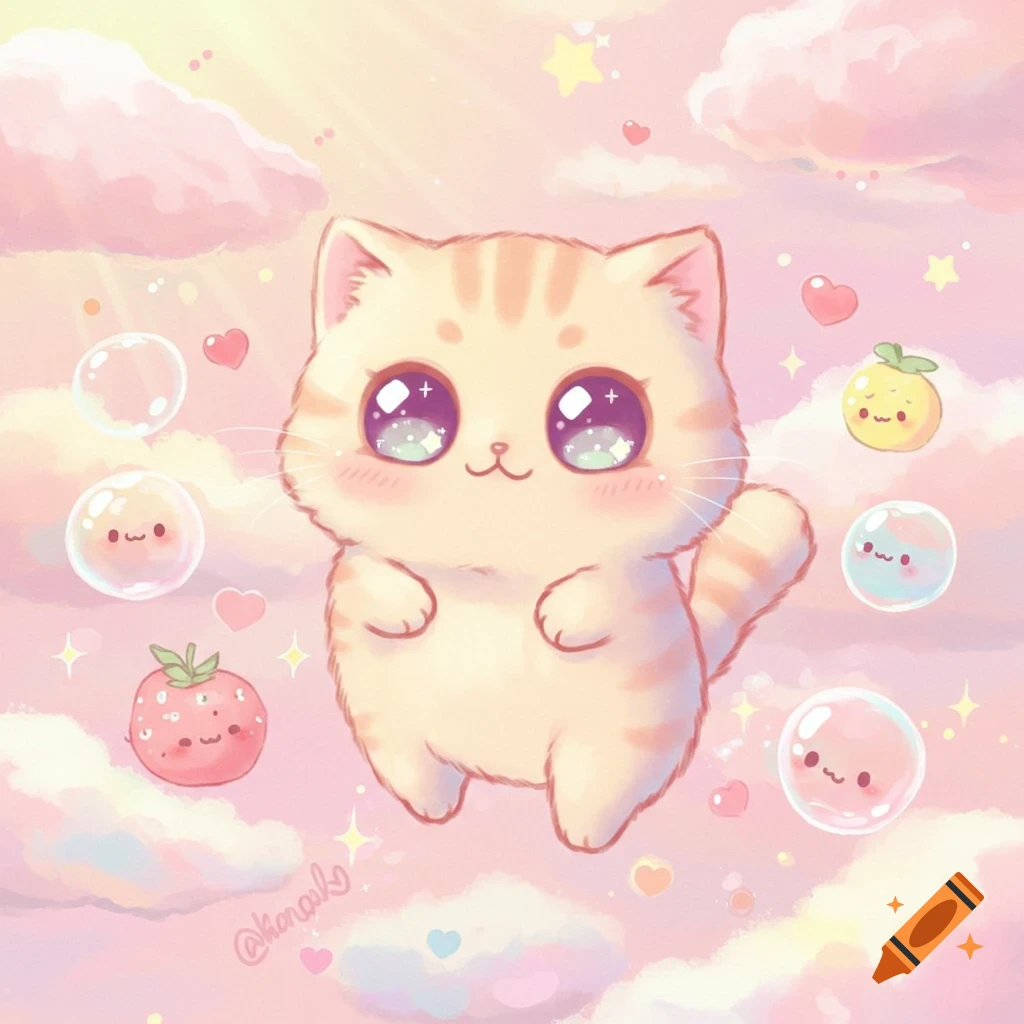 A fluffy, orange-striped kawaii cat with big sparkling eyes floats in a pastel pink sky with clouds, hearts, and smiling fruit bubbles.