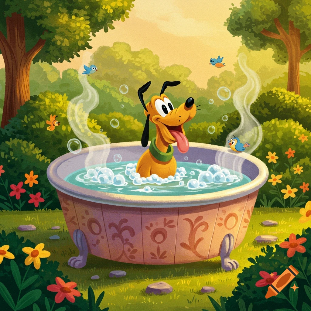 Pluto the dog happily takes a bubble bath in a tub surrounded by colorful flowers and trees in a cheerful cartoon style.