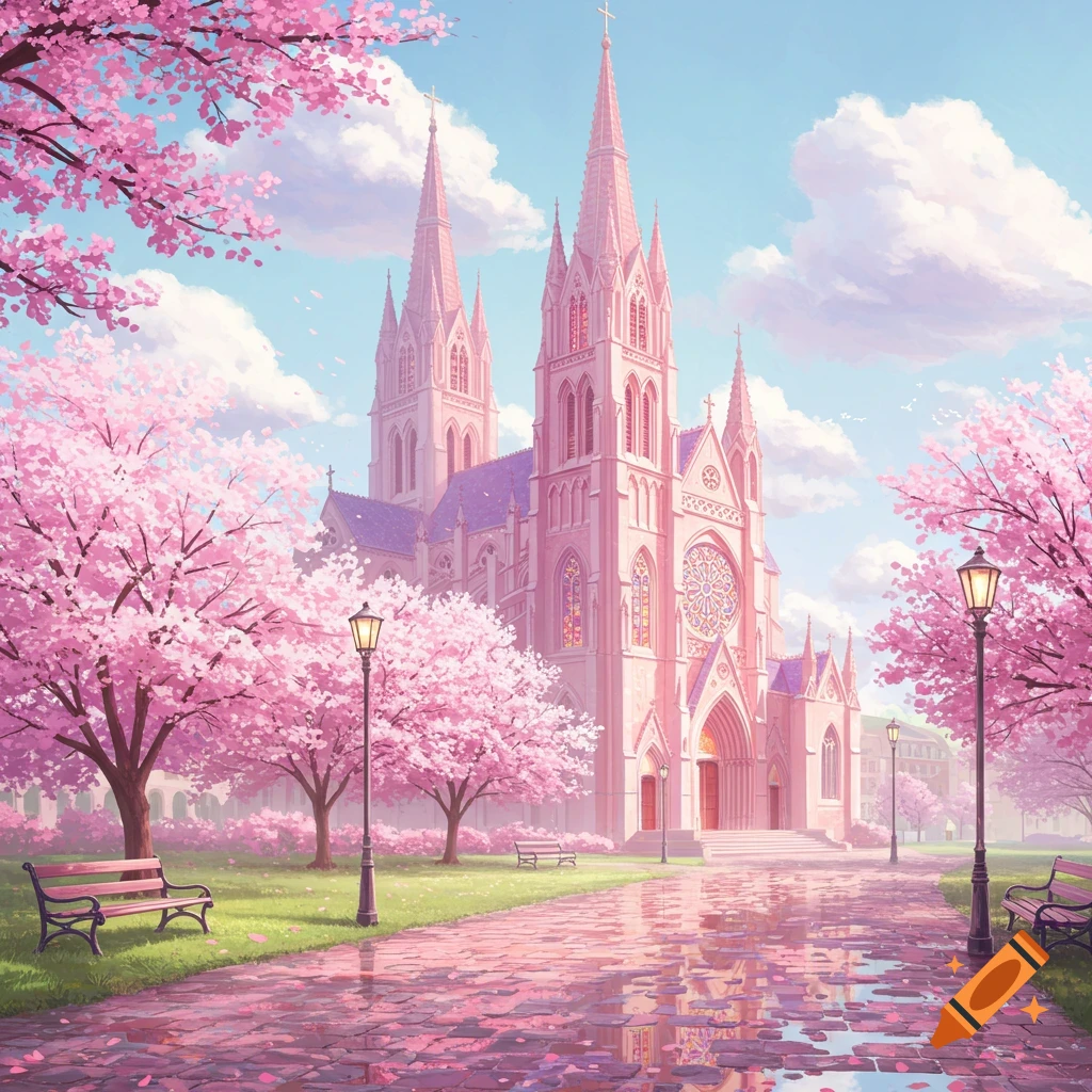 A pink pastel cathedral framed by vibrant cherry blossom trees and a path with reflections under a blue sky.