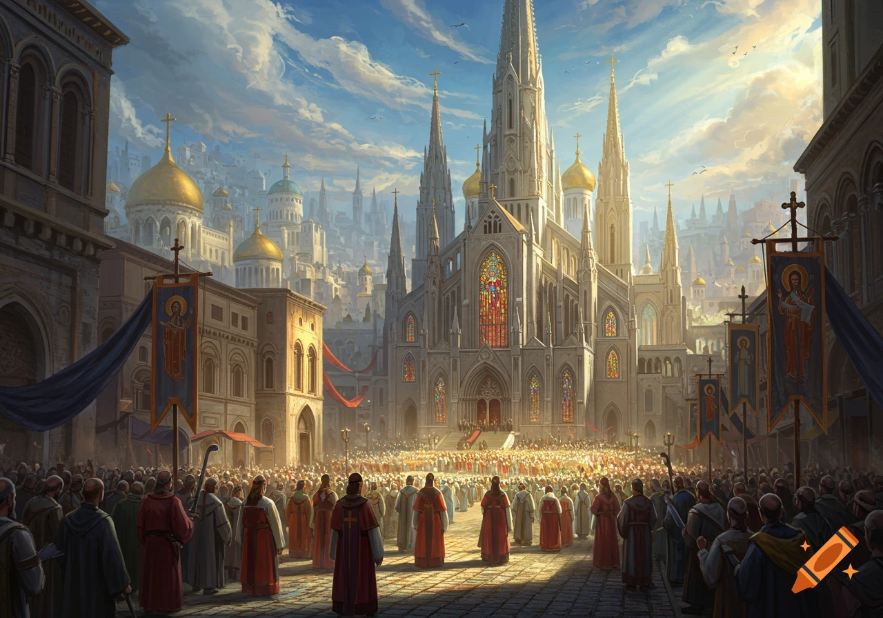 A grand cathedral and city with golden domes, overlooking a vast procession of people in religious robes, under a dramatic sky.