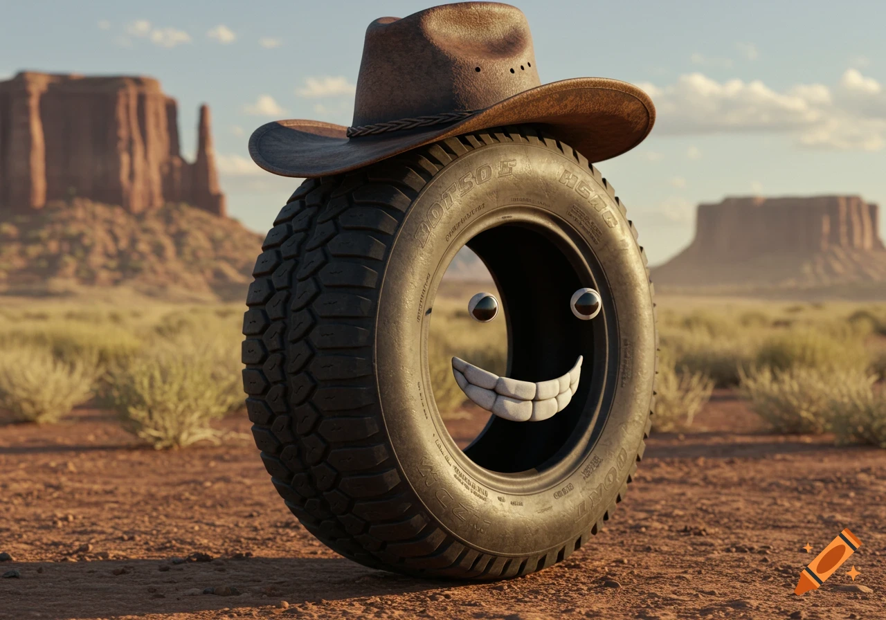 Photorealistic image of a smiling tire with a cowboy hat in a desert landscape.