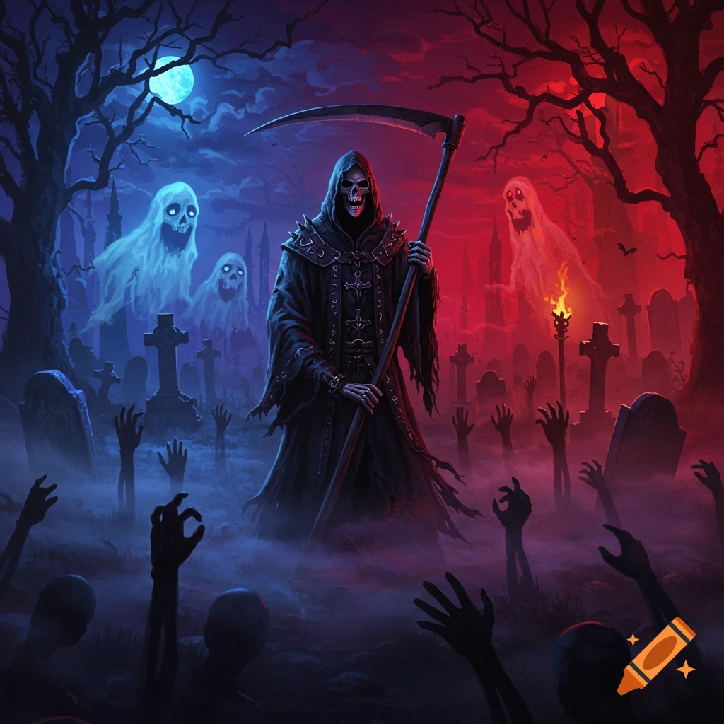 Grim Reaper in a spooky graveyard with ghosts and zombie hands, under a split blue and red sky. Digital art.