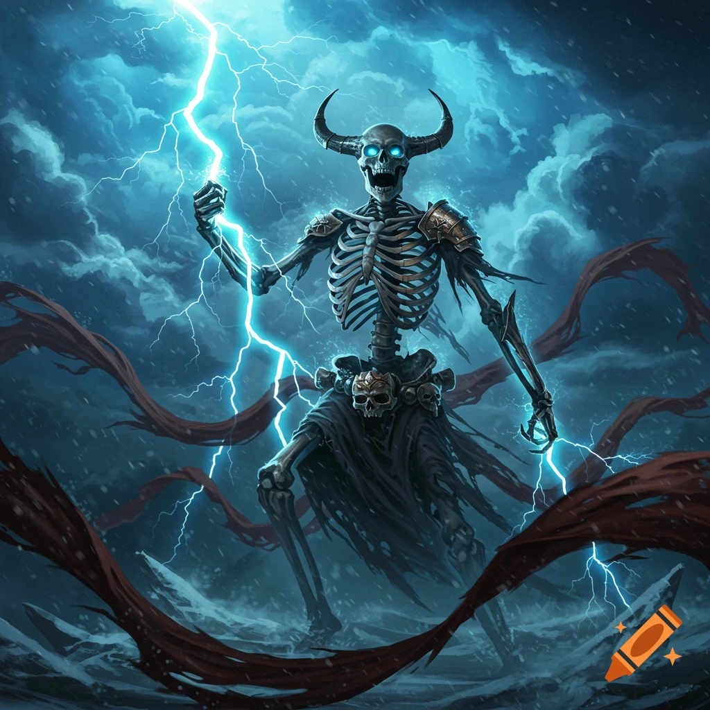 A horned skeleton with glowing blue eyes holds a bolt of lightning in a stormy, snow-covered landscape.