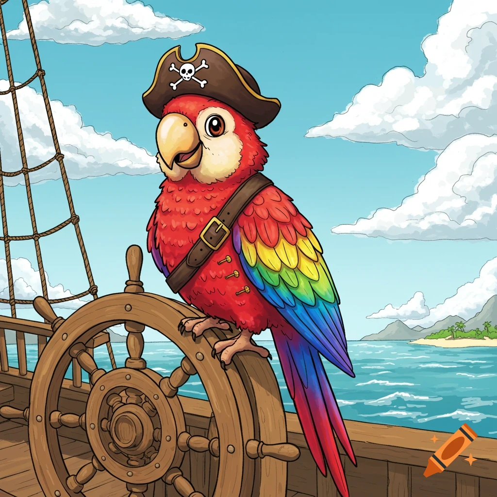 A cartoon pirate parrot with a red body and rainbow wings wears a hat with a skull and crossbones while perched on a ship's wheel at sea.