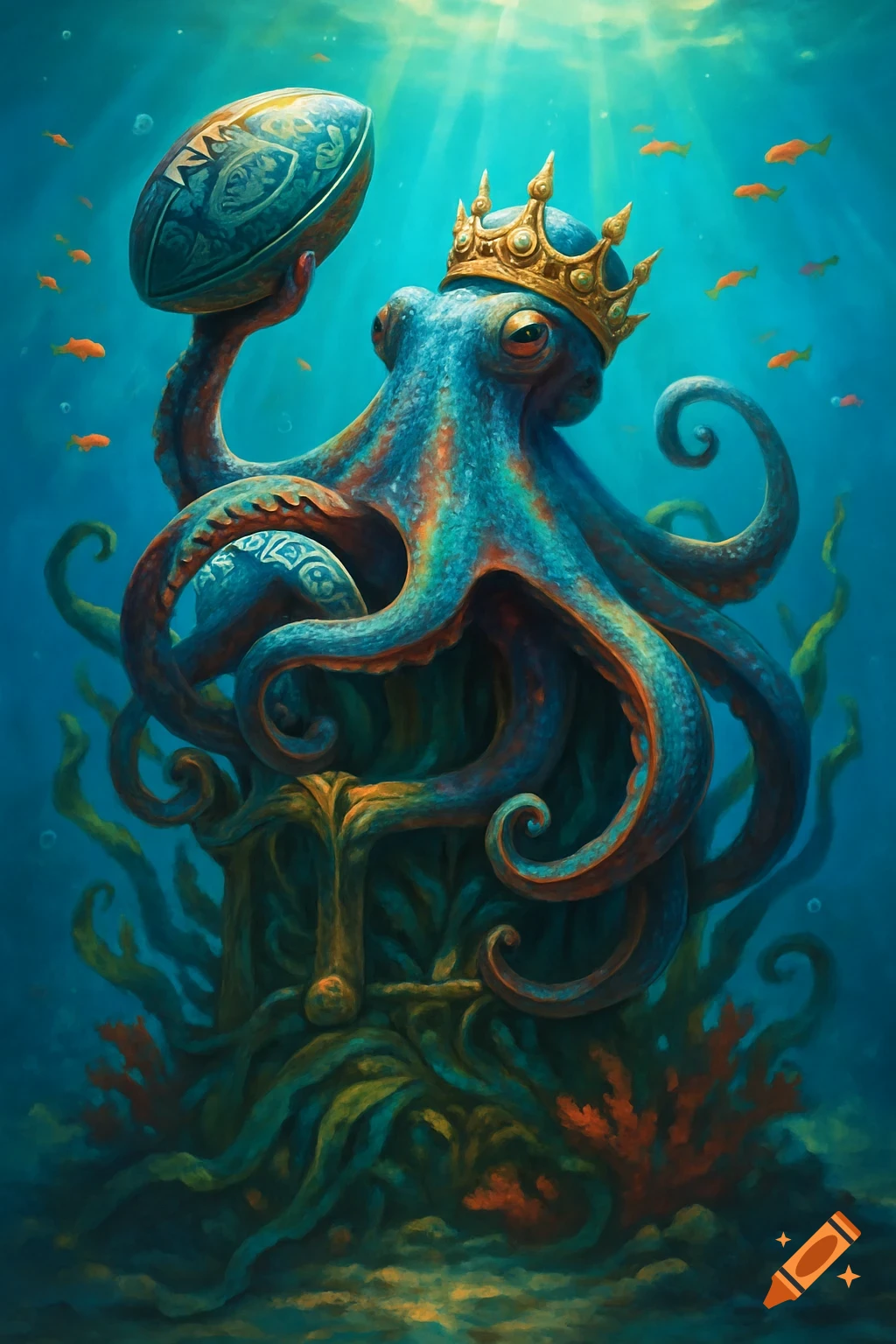 A majestic octopus wearing a golden crown holds an ornate football underwater, surrounded by small fish.