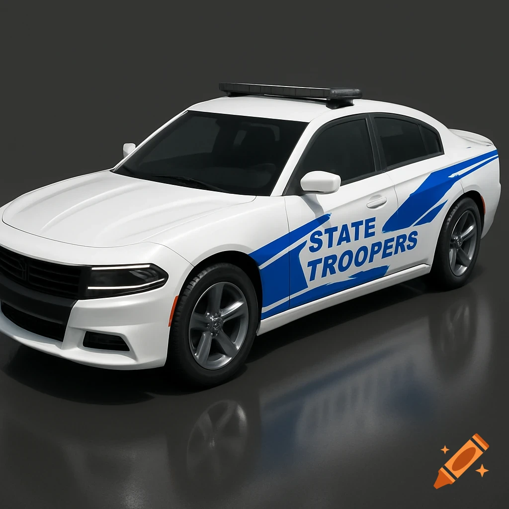 A white Dodge Charger police car with blue stripes and 'STATE TROOPERS' text on the side, in a photorealistic 3D render.
