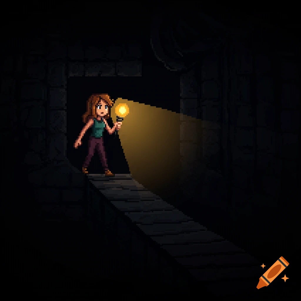 Pixel art of a female character with brown hair walking through a dark stone passage, holding a glowing light that illuminates her path.