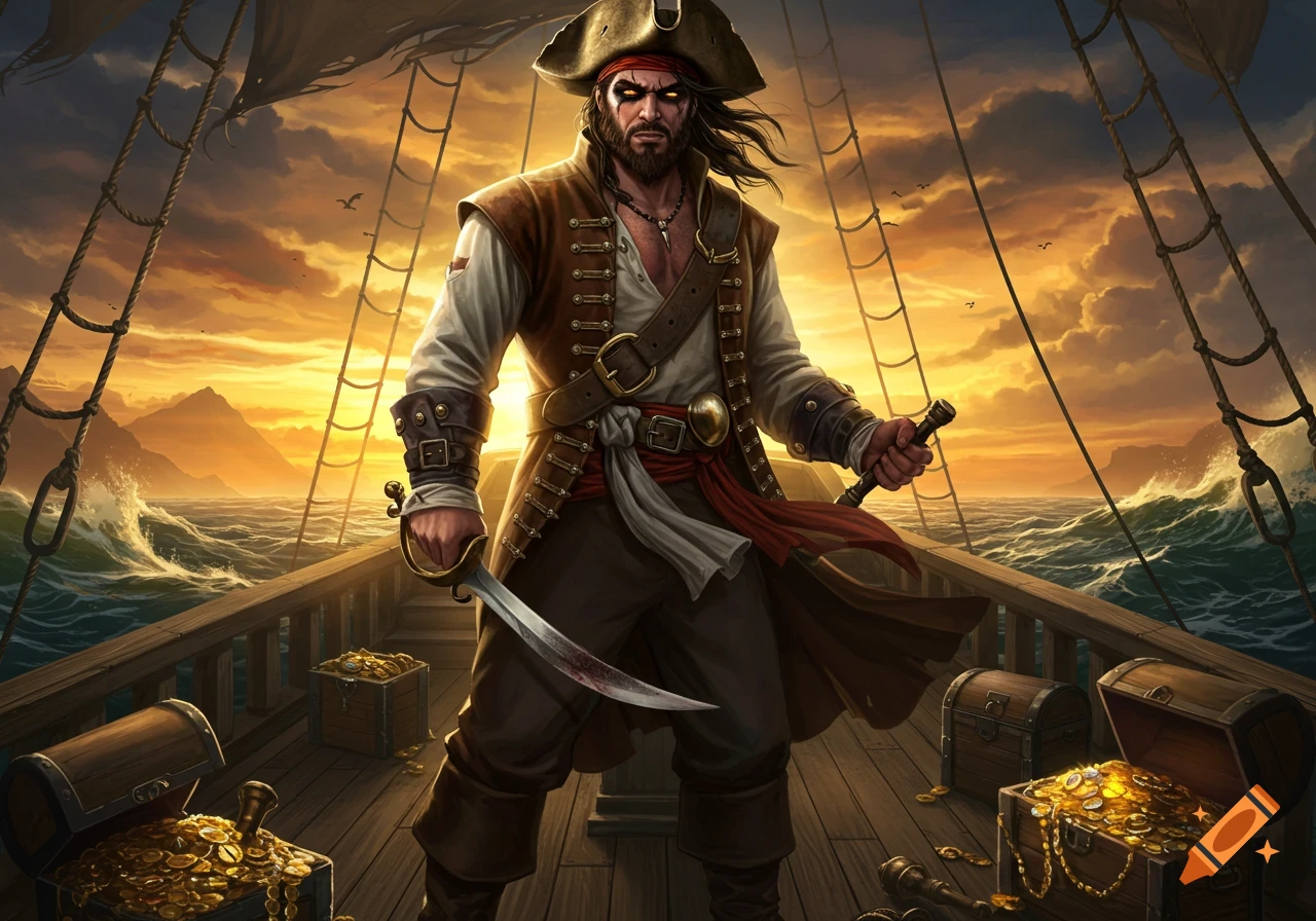 A fierce pirate with dark eyeshadow stands on a ship's deck at sunset, holding a cutlass, surrounded by treasure chests filled with gold.