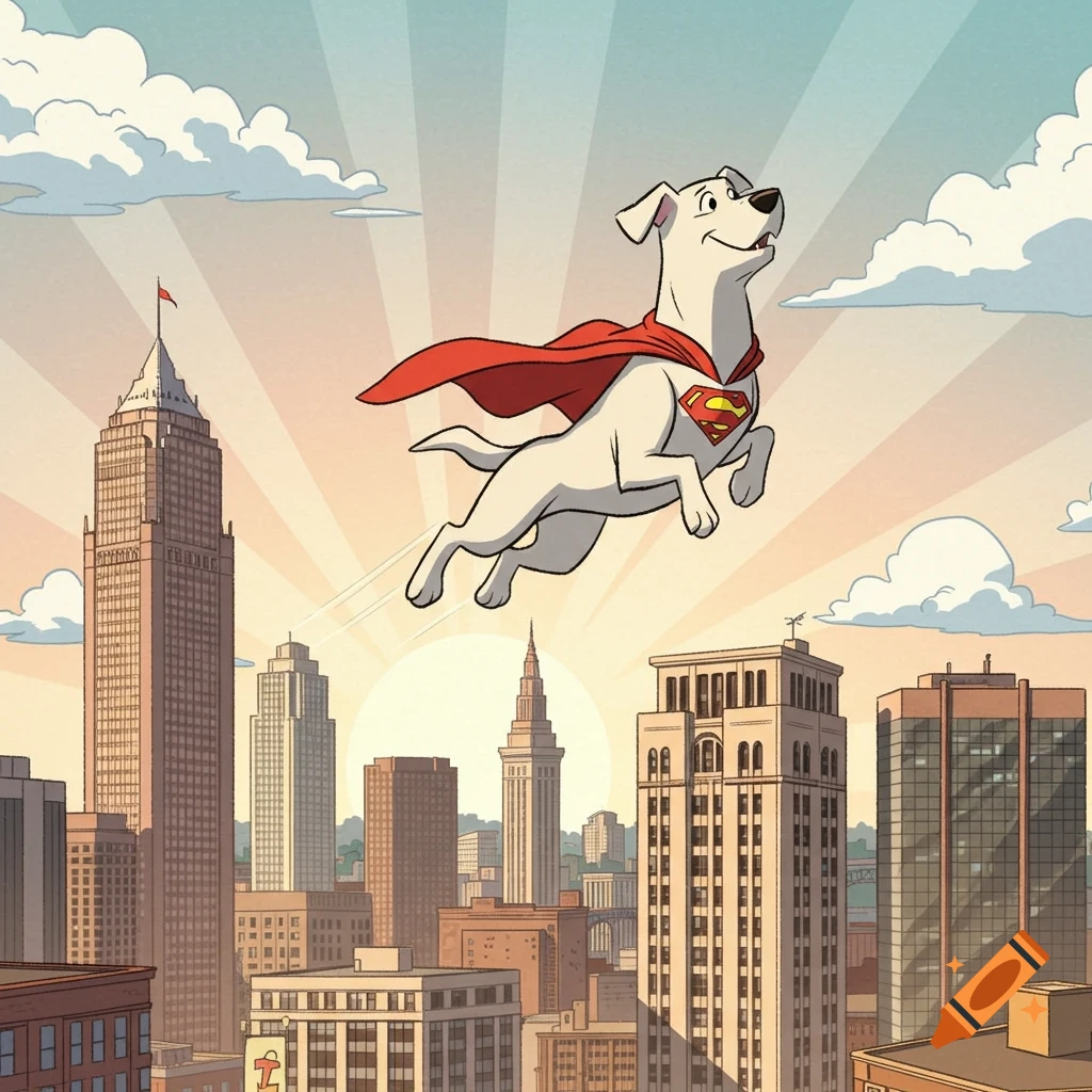 Cartoon Krypto the Superdog in a red cape with an S-shield flies over a sunny city skyline, in a 1950s comic book art style.