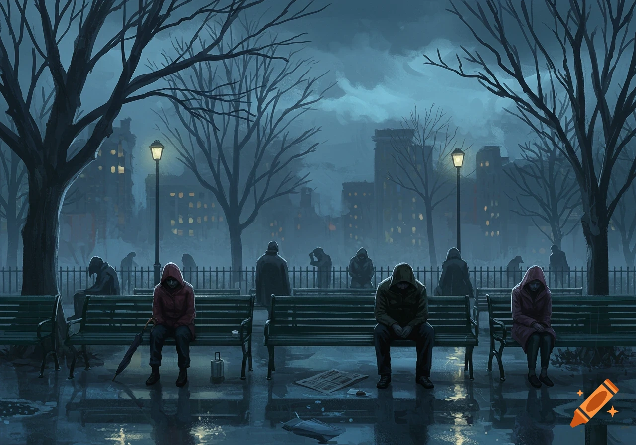 A moody illustration of cloaked figures sitting on park benches in a rainy, desolate city park at night, illuminated by streetlights.