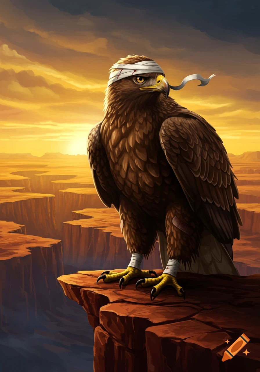 An injured eagle with head and leg bandages stands on a cliff overlooking a vast canyon at sunset, digital art.