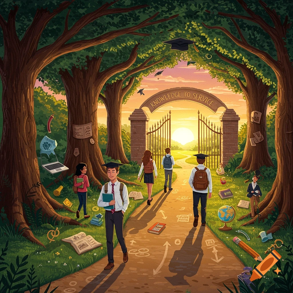 Illustration of students walking on a path lined with educational items towards a gate saying 'KNOWLEDGE TO SERVICE' at sunset.
