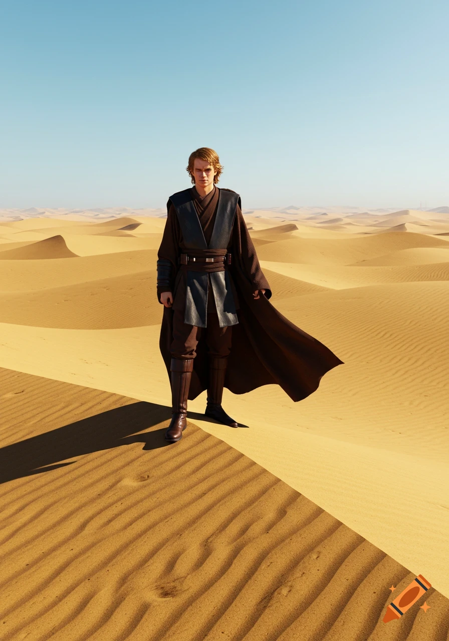 Anakin Skywalker stands on a sandy dune in a vast desert under a clear blue sky, wearing dark robes.