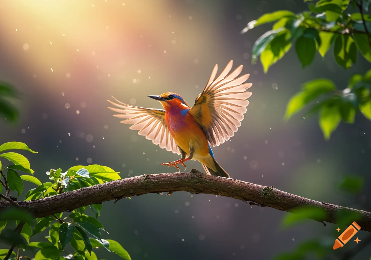 A vibrant bird with orange, blue, and red feathers spreads its wings on a tree branch, bathed in warm sunlight.