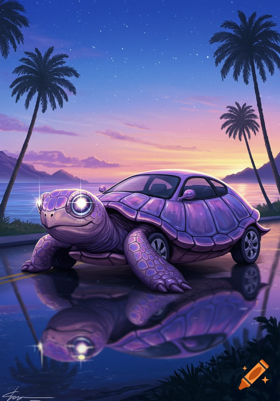 A purple turtle with a car for a shell on a road, reflected in water, with a sunset and palm trees in the background. Stylized illustration.