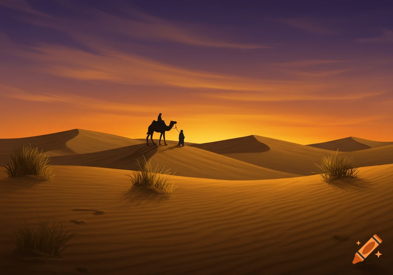 Stylized illustration of people and a camel silhouetted against a vibrant orange and purple sunset over desert dunes with sparse grass.