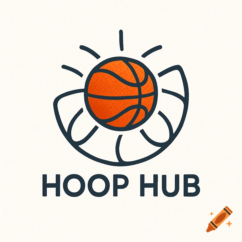 A logo featuring an orange basketball with dark blue lines resembling a net and sun rays, with the text 'HOOP HUB' below it.