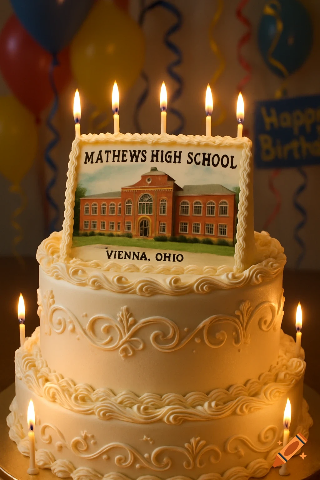 A two-tier white birthday cake with ornate icing, topped by a picture of Mathews High School and text 'VIENNA, OHIO'. Lit candles surround the image, with colorful balloons in the background.