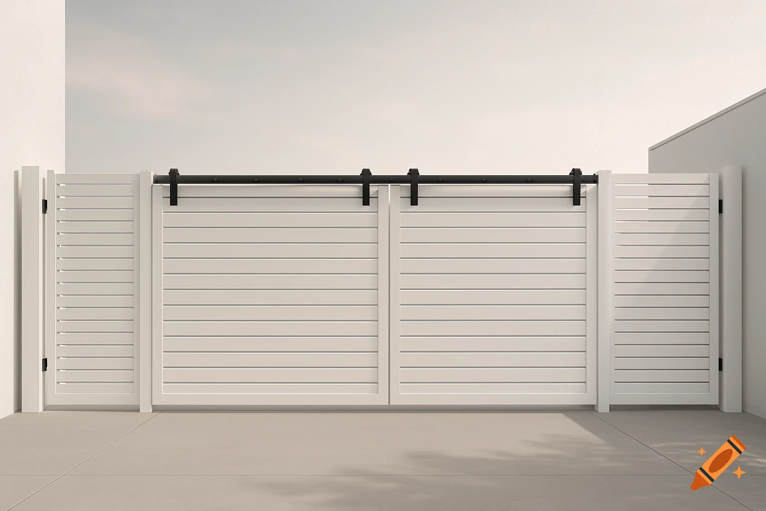 A white barn-style sliding gate with horizontal slats and black top-mounted hardware, flanked by two matching fence panels.