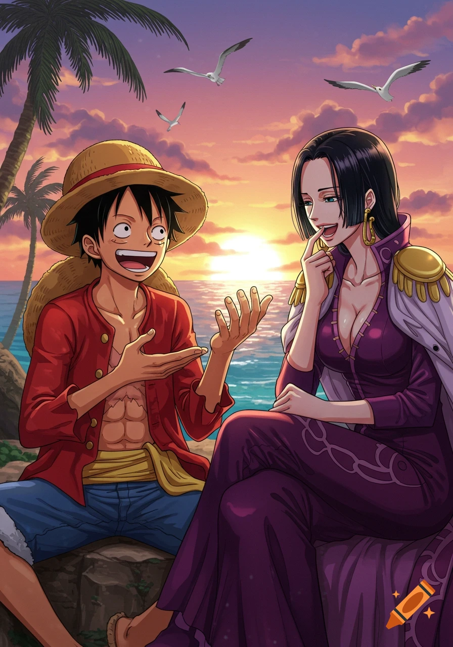 Anime characters Luffy and Hancock talking on a beach at sunset, with palm trees and seagulls.