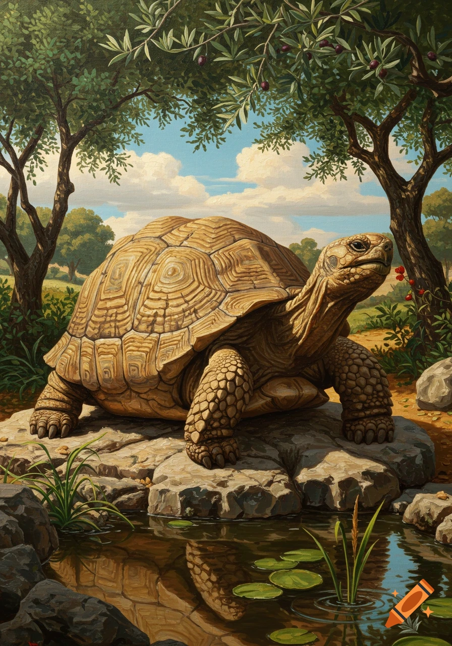 Oil painting of a realistic tortoise sitting on a rock beside a pond, surrounded by olive trees under a blue sky.