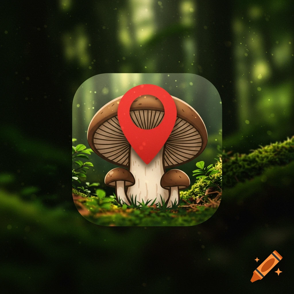 Stylized app icon featuring a mushroom with a red map pin on its cap, set against a blurred forest background.