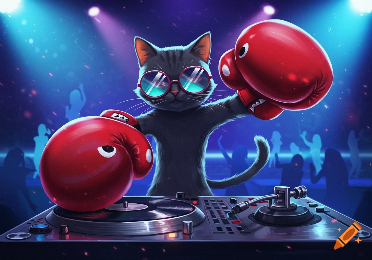 Cartoon gray cat with pink sunglasses and red boxing gloves standing behind a DJ turntable at a vibrant club with dancing silhouettes.