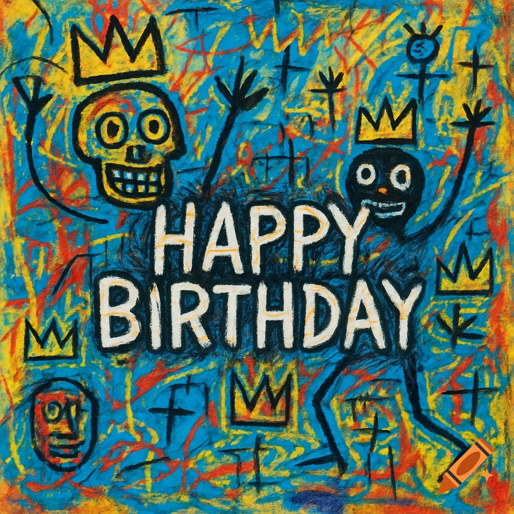 Abstract Basquiat-style painting with a crowned skull and figure, vibrant scribbles, and 'HAPPY BIRTHDAY' text.