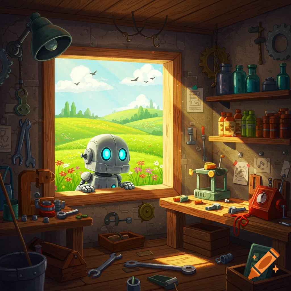 A cute robot peeks out a workshop window at rolling green hills and birds in a colorful, friendly illustration style.