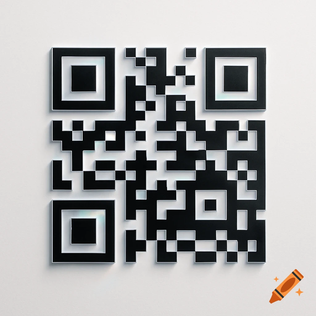 A close-up, top-down view of a shiny black and white QR code with a subtle 3D embossed effect on a white background.