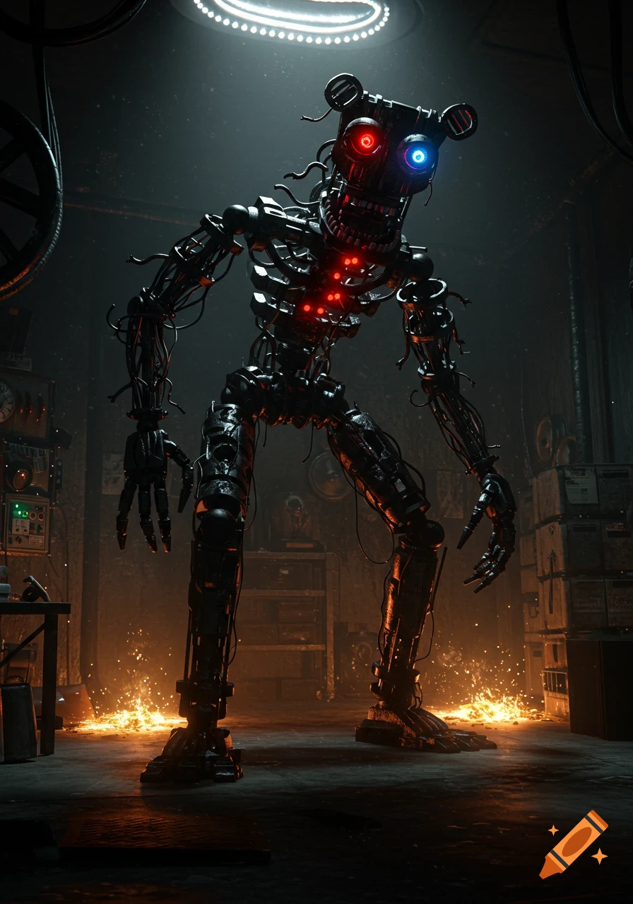 A hunched robotic endoskeleton with glowing red and blue eyes stands in a dark, industrial room with sparks on the floor.