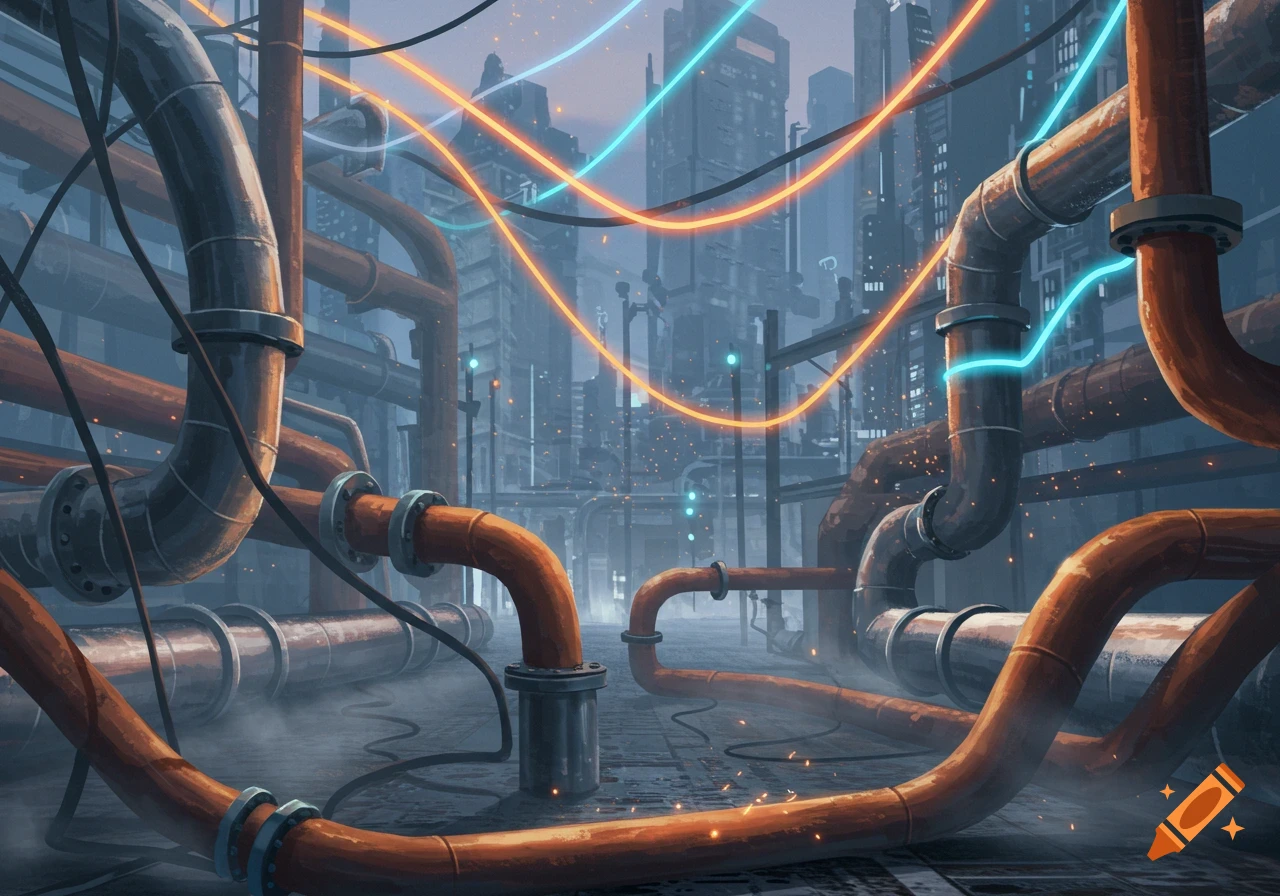 A futuristic cityscape with rusty pipes and glowing electrical lines, set against a misty urban background.