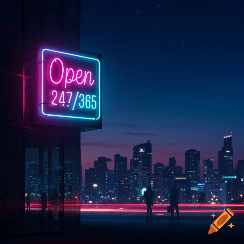 A neon sign displaying 'Open 24/7/365' on a modern building in a bustling city at night, with blurred car light trails.