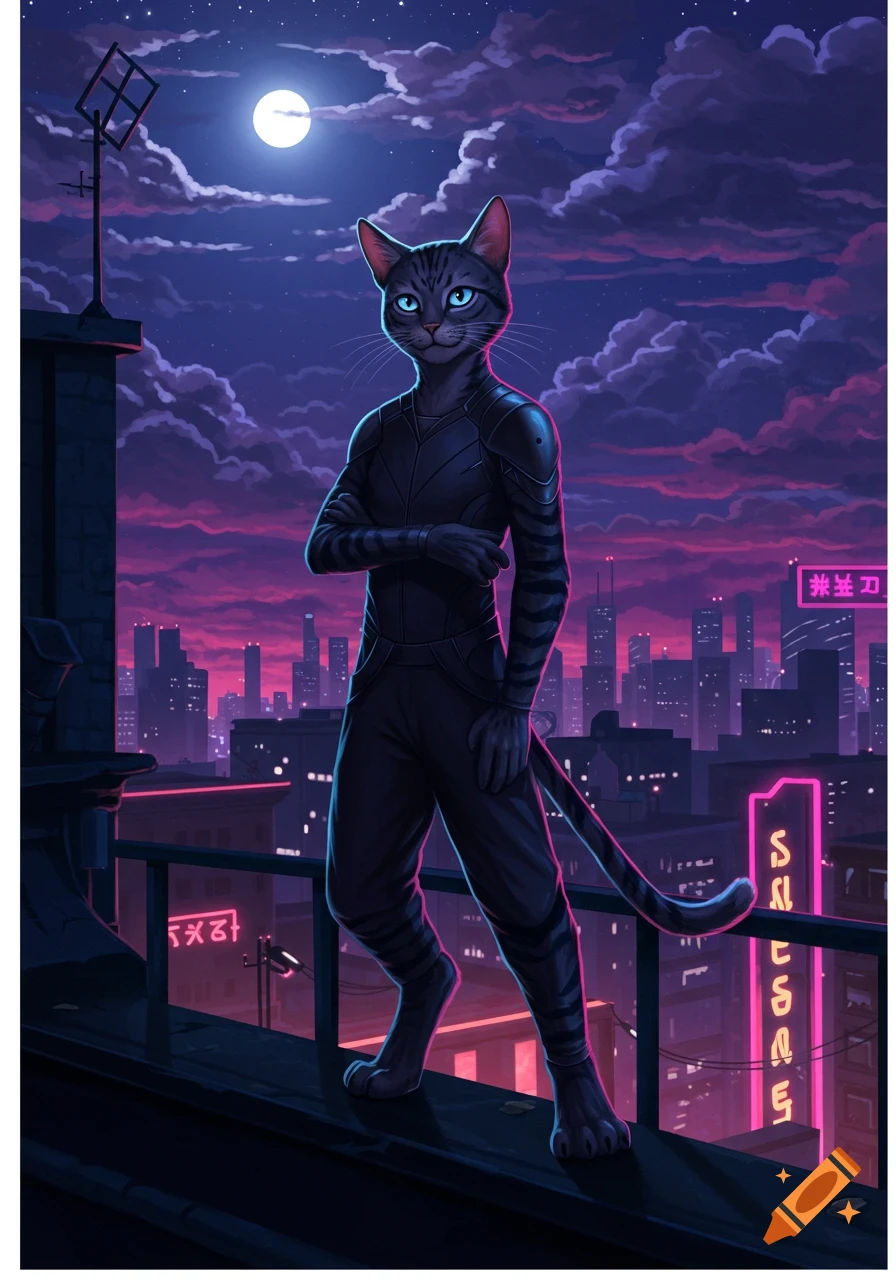 Gray striped humanoid cat on a city rooftop at night, arms crossed, with neon lights and a full moon in a cyberpunk illustration style.