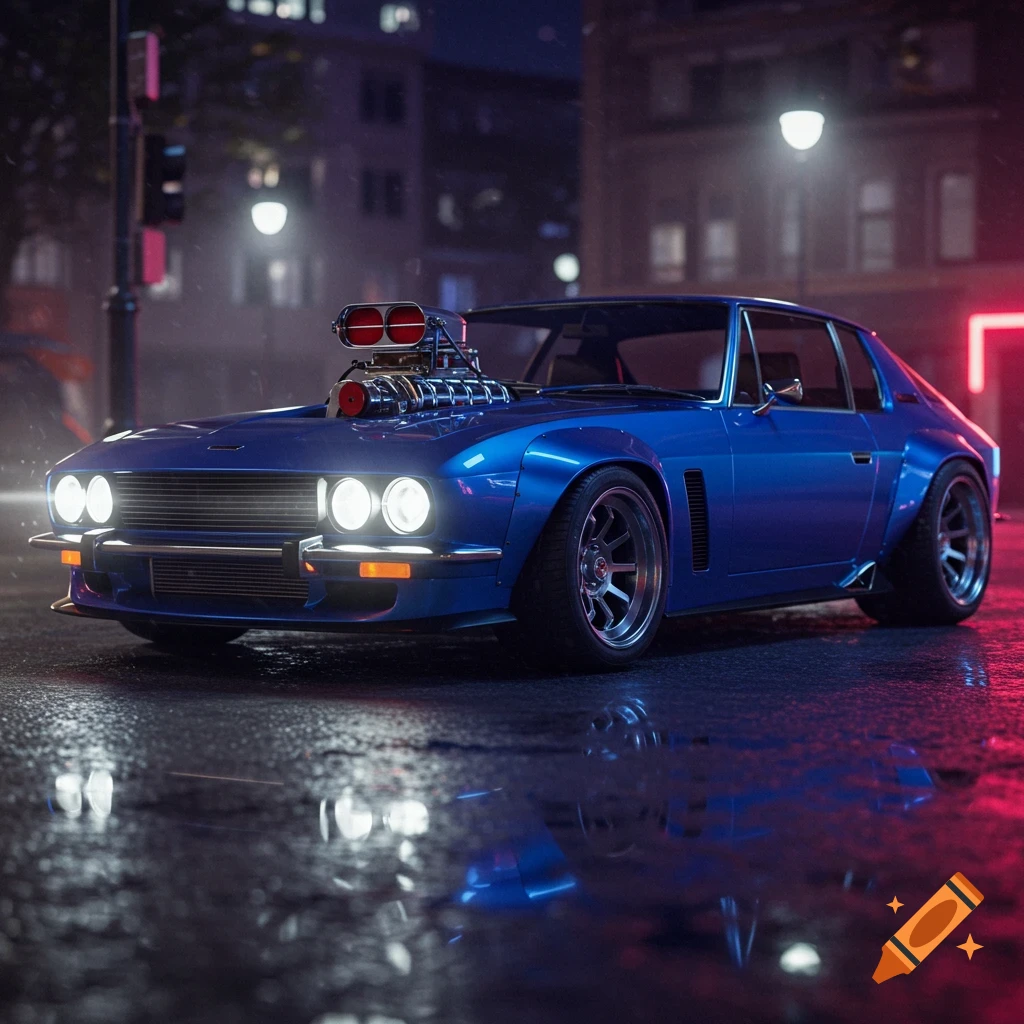 A blue modified Jensen Interceptor car with a large engine blower parked on a wet city street at night, illuminated by bright lights.