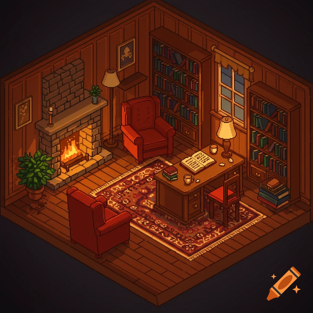 Pixel art isometric view of a cozy study room with a lit fireplace, two red armchairs, bookshelves, and a desk.