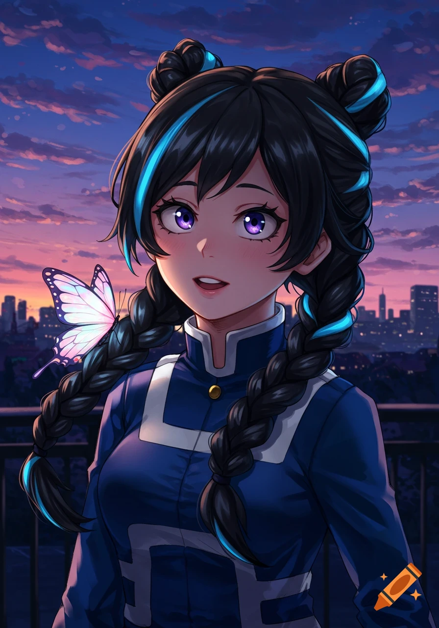 An anime girl with black hair, blue highlights, and purple eyes wears a school uniform with a butterfly on her shoulder, against a city sunset.