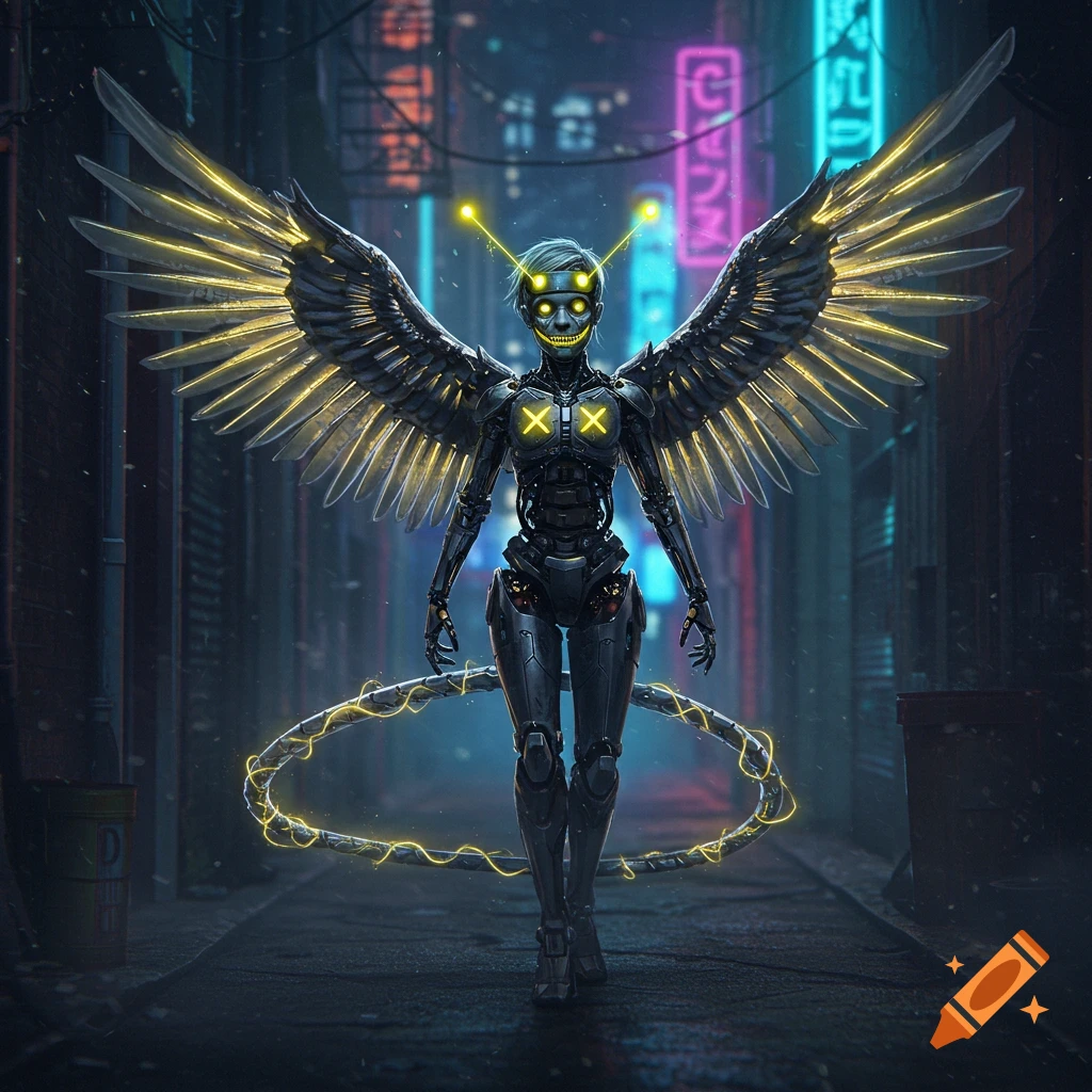 A cybernetic angel-like robot with glowing yellow wings, a creepy smile, and antennal lights walks down a dark, neon-lit cyberpunk alley.