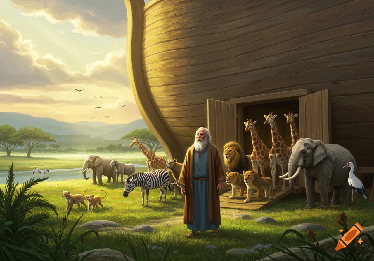 Noah with a long white beard stands before his ark, surrounded by pairs of animals (giraffes, elephants, lions) in a vibrant landscape.