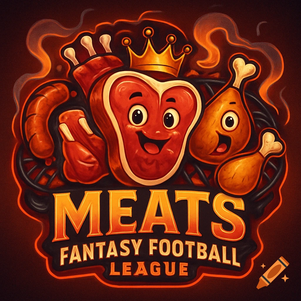 Cartoon logo for 'Meats Fantasy Football League' featuring a crowned steak, chicken legs, and sausage on a grill.