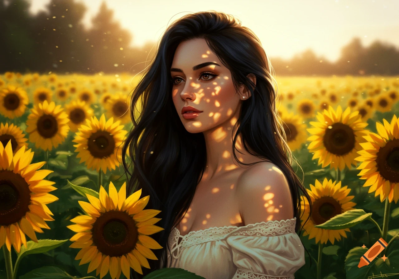 A photorealistic portrait of a woman with long dark hair in a field of sunflowers, dappled in golden light.