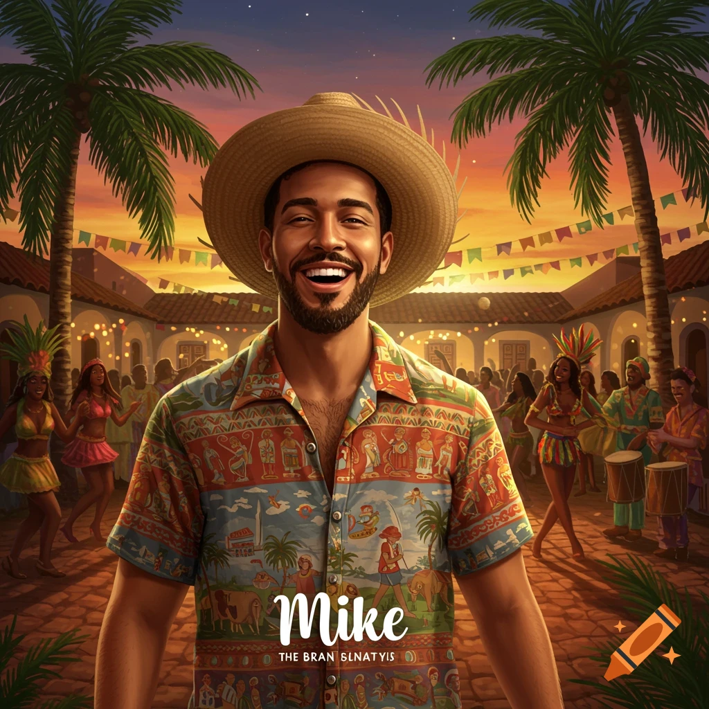 A man in a straw hat and a colorful patterned shirt smiles broadly, standing in front of a lively outdoor carnival party at sunset with palm trees.