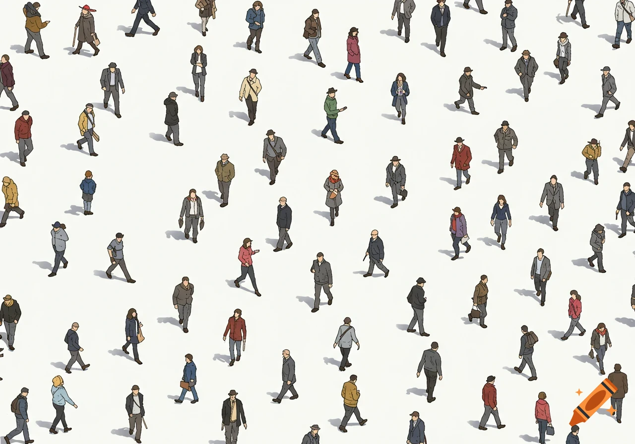 An overhead view of a diverse crowd of people walking in different directions on a white background, in a painted style.