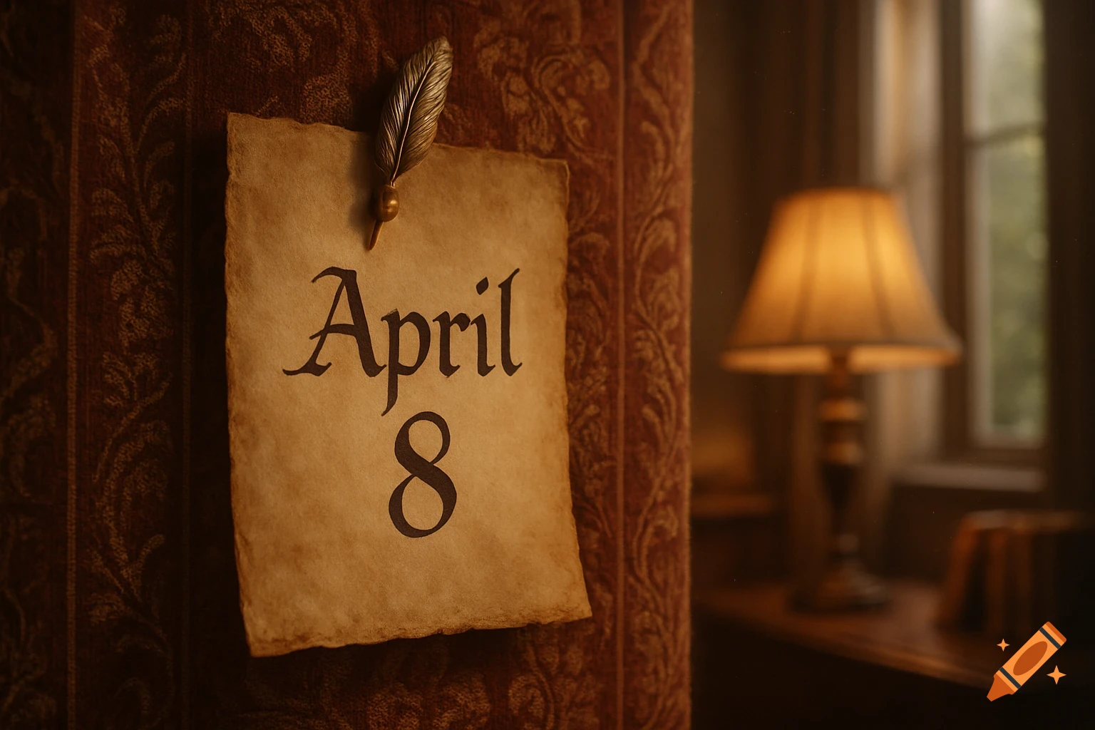 A piece of aged paper with 'April 8' written in elegant script, pinned to a textured, patterned wall, with a blurred lamp in the background.