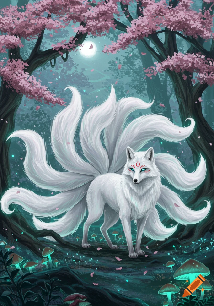 A white nine-tailed kitsune with red facial markings stands in a glowing, moonlit fantasy forest with pink cherry blossoms and luminous mushrooms.